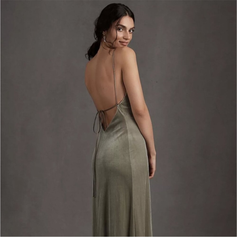 Anthropologie Jenny Yoo Stretch Velvet Sabrina Dress Sage Maxi Dress